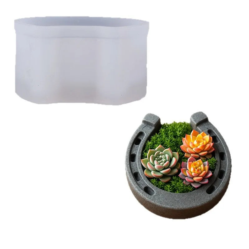 Lucky Horseshoe Concrete Flower Pot Mold, Retro Cement Planter Silicone Mould, DIY Ashtray Storage Tray Resin Tool Oasis Select