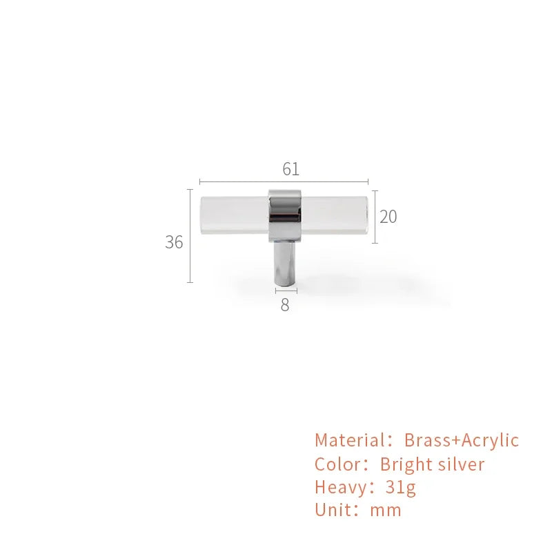 Brass Transparent Furniture Handles Modern Minimalist Acrylic Silver Gold Wardrobe Cupboards Dresser Drawer Kitchen Knobs Oasis Select B1-61mm