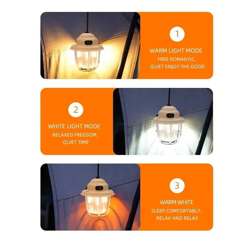 LED Camping Lamp 1200mAh Retro Hanging Tent Lamp 2700K/6500K Emergency Light Lantern IPX4 Waterproof Type C Charging for Outdoor Oasis Select