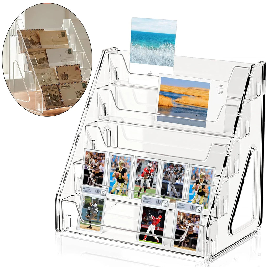5-Tier Clear Acrylic Card Display Stand Desktop Holder for Graded Sports Cards Football Baseball Basketball Postcards Stickers Oasis Select