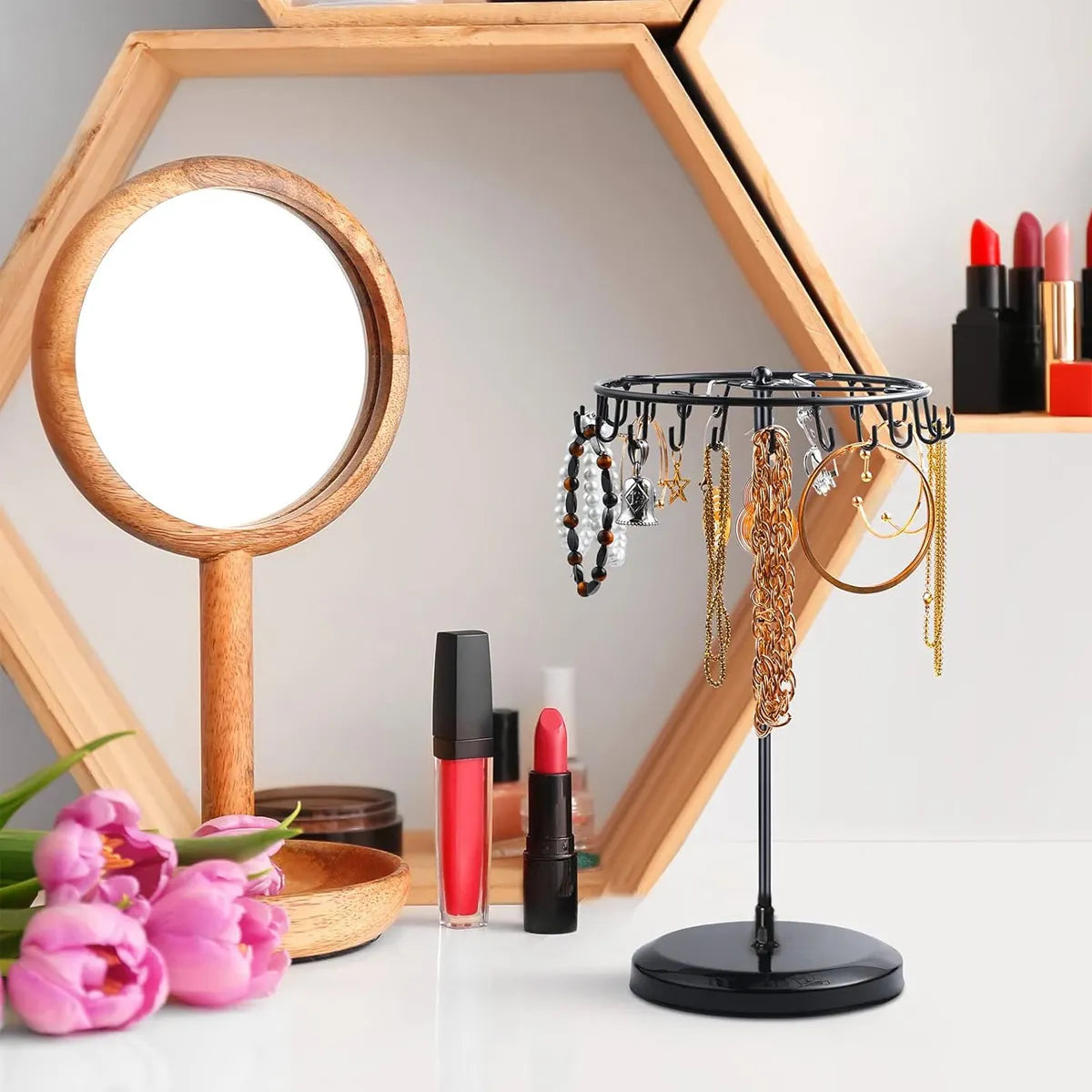 1pc Iron Jewelry Rack, Rotating Necklace Display Rack with 23 Hooks, Jewelry Storage Rack, Suitable for Earrings, Bracelets, Etc Oasis Select