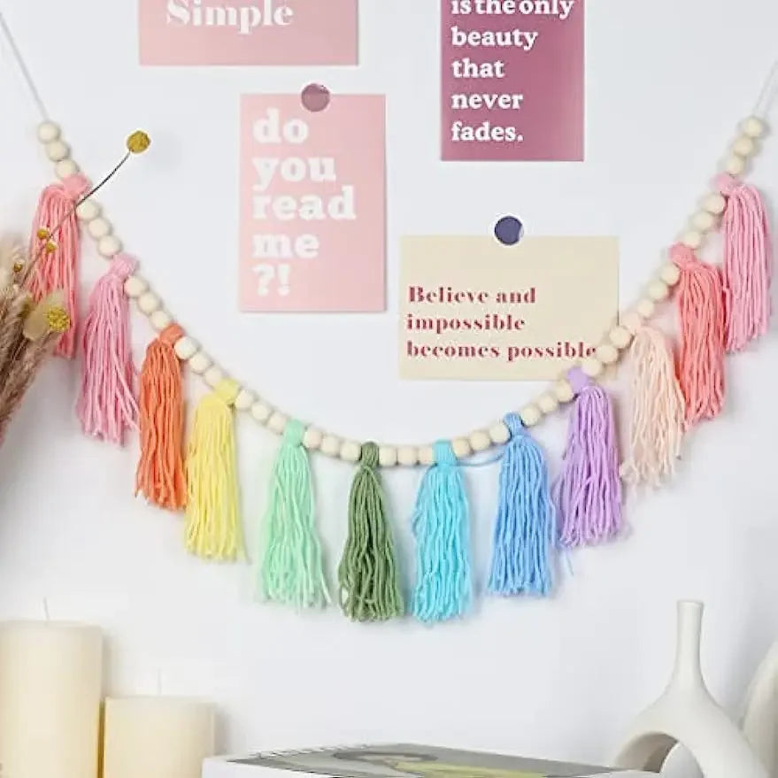 Rainbow Tassel Garland Colorful Pom Garland Wood Bead Easter Spring Girls Bedroom Wall Party Birthday Baby Shower Decor Oasis Select