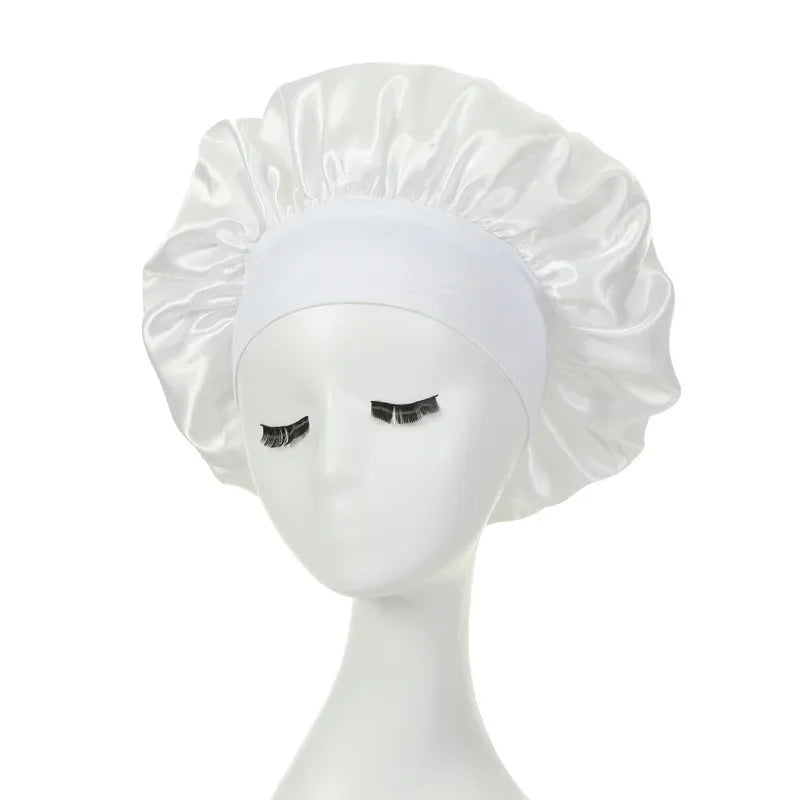 1pc Night Sleep Caps with Wide Elastic Band, Silk Wrap, Soft Head Cover Sleeping Hat for Women and Girls Curly Hair Oasis Select WHITE