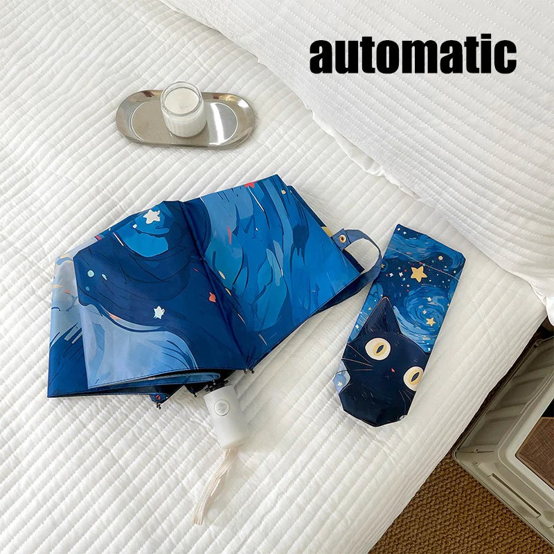 Blue Green Purple Powder Cat Cartoon Fold Umbrella Fully Automatic Umbrella Women's Dual-Purpose Sun Umbrella Portable Umbrella Oasis Select 2 automatic 8K