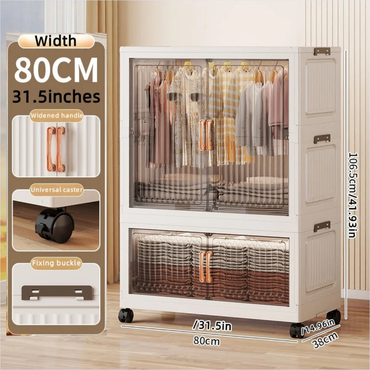 80cm Foldable Double-Door Wardrobe-No Assembly Portable Closet, Large Capacity Storage for Bedroom/Living Room (Clothes/Quilts) Oasis Select 1Large 1Small Clear