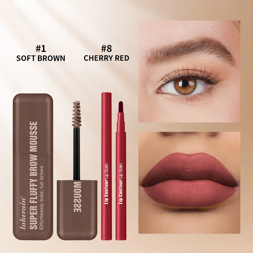 2pcs/set Matte Lip Liner And Waterproof Eyebrow Mousse Tint Long Lasting Eyebrow Dye Cosmetics Professional Outline Lips Contour Oasis Select SET 4