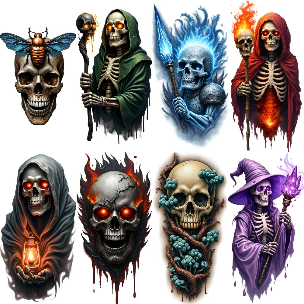 3-Pack Skeleton Temporary Tattoos – Flames & Wizard Designs