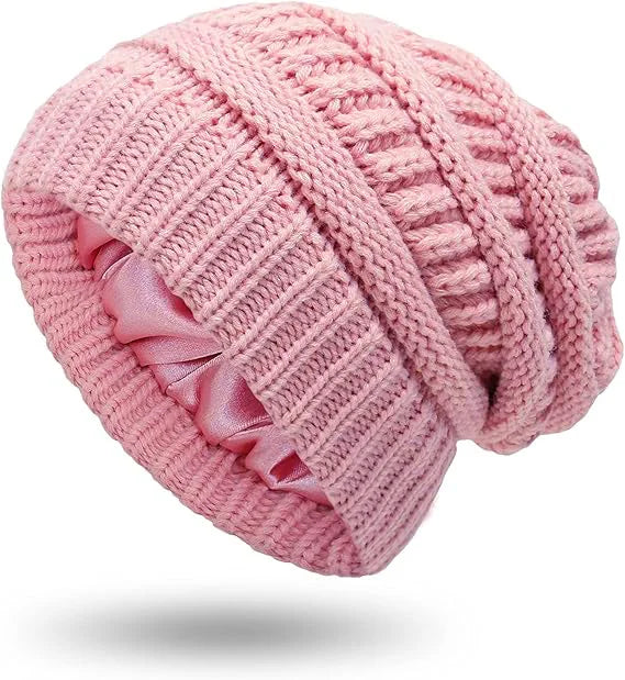 Skeleton hat with micro elastic satin lining, knitted hat with satin lining, windproof and warm hat, double-layer knitted hat wi Oasis Select 9