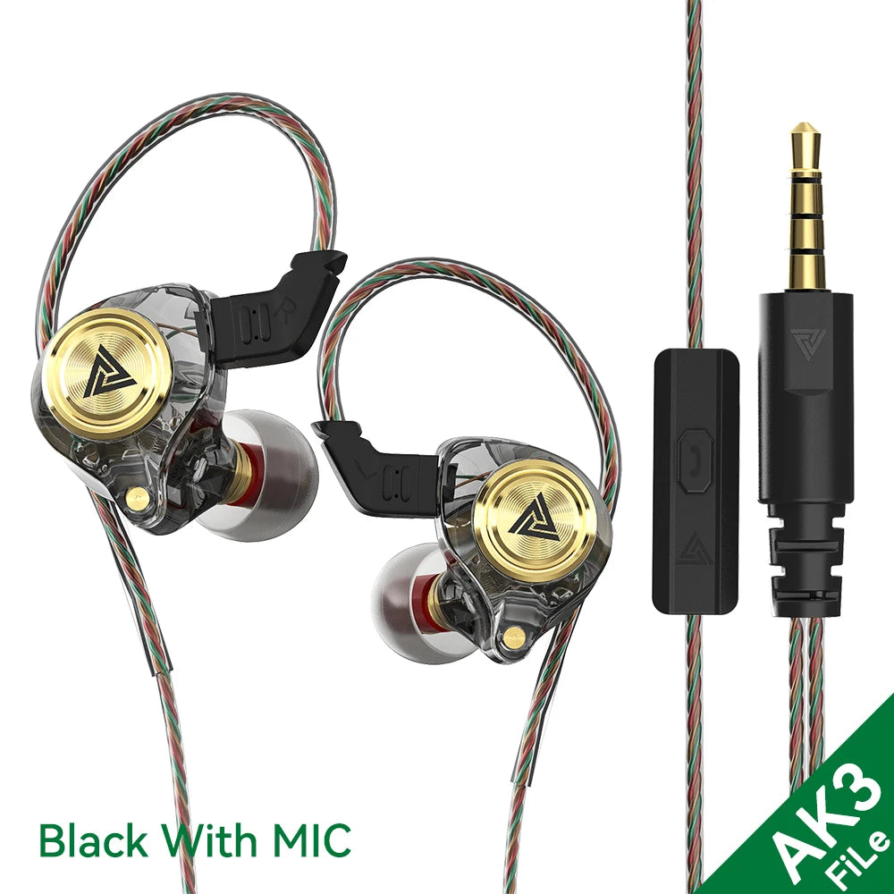 QKZ AK3 FiLe Wired Earphone with Microphone HiFi Music Monitor Bass Headphones Noise Cancelling Headset For Sport Gaming Earbuds Oasis Select AK3 FiLe Black