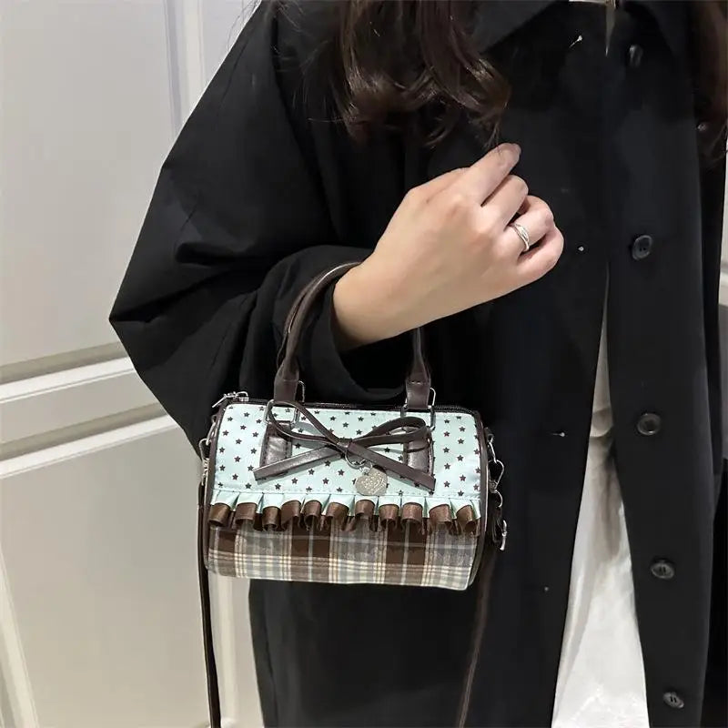 Retro Sweetheart Polka Dot Cylinder Handbag Bow Decor Crossbody Handbag Fashion Korean Kawaii Brown Small Shoulder Bag Oasis Select