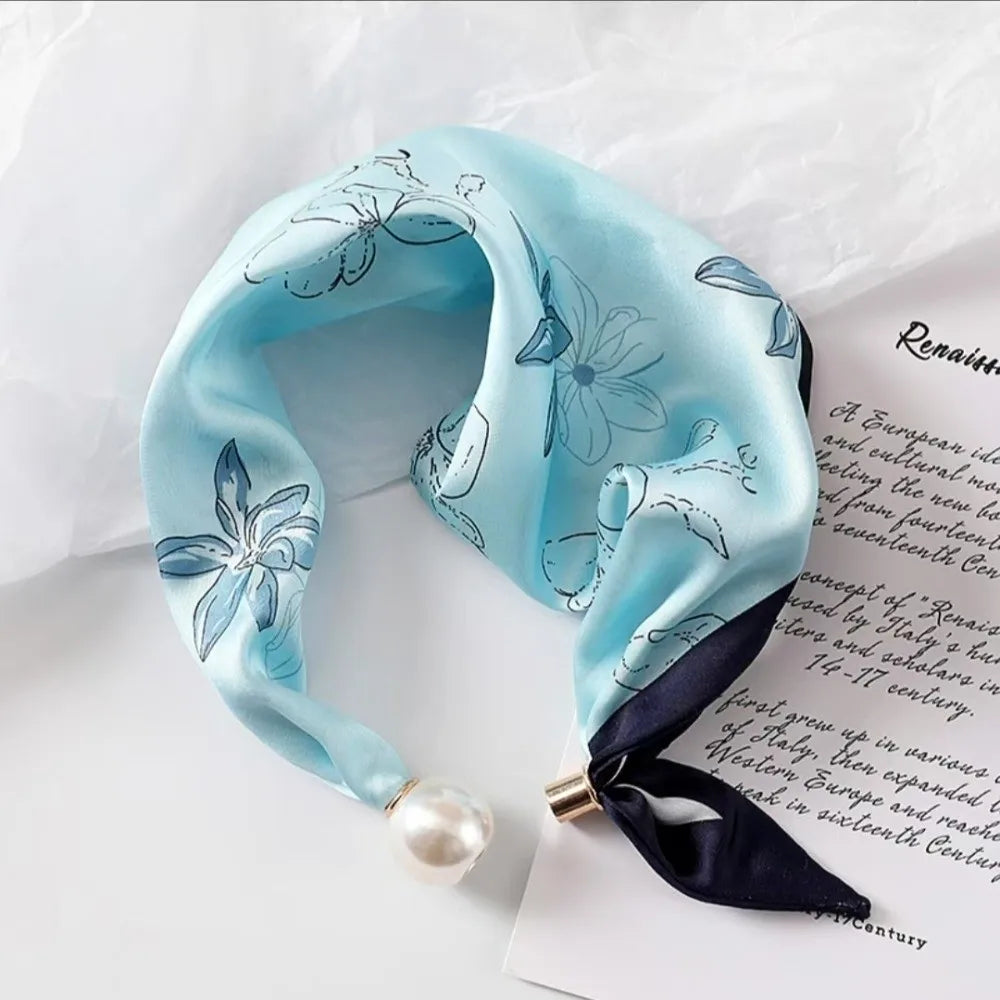 Elegant Breathable Silk Scarf Pearl Buckle Printed Magnetic Snap Scarf Lightweight Thin Faux Pearl Scarf for Women Accessories Oasis Select 08