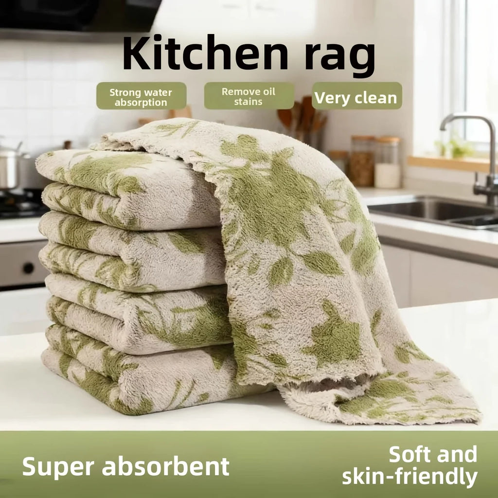 10pcs Kitchen Dish Cloth Cleaning Towel Coral Material Green Rose Pattern Wash Wipe Table Countertop Stove Sink Home Use Oasis Select