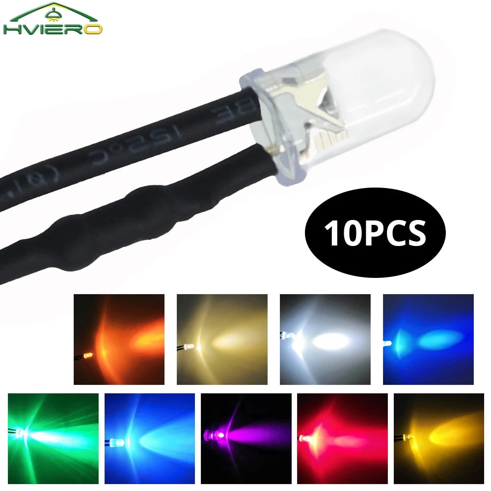 10-Pack 5mm Pre-Wired LED Bulbs DC 12V | 9 Colors, 20cm Cable