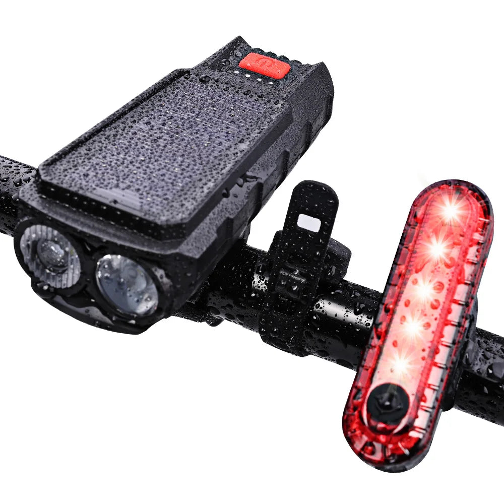 Solar Bicycle Front Light TYPE-C Rechargeable MTB Road Bike Front Light Flashlight 120dB with Horn Flashlight Bicycle Light Oasis Select QD-5201T