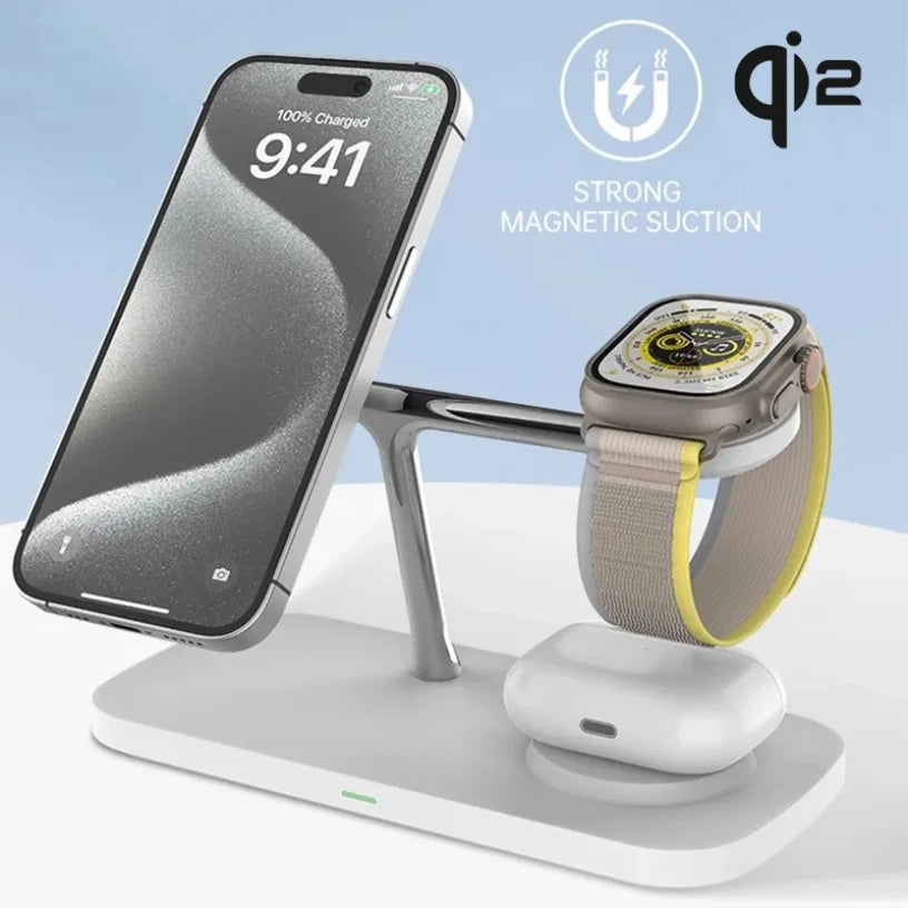 QI2 Wireless Charging Station for Apple / Samsung 3 in 1 Charger Stand Dock for iPhone 12-16 AirPods Apple Watch 10 9 8 7 6 5 Oasis Select