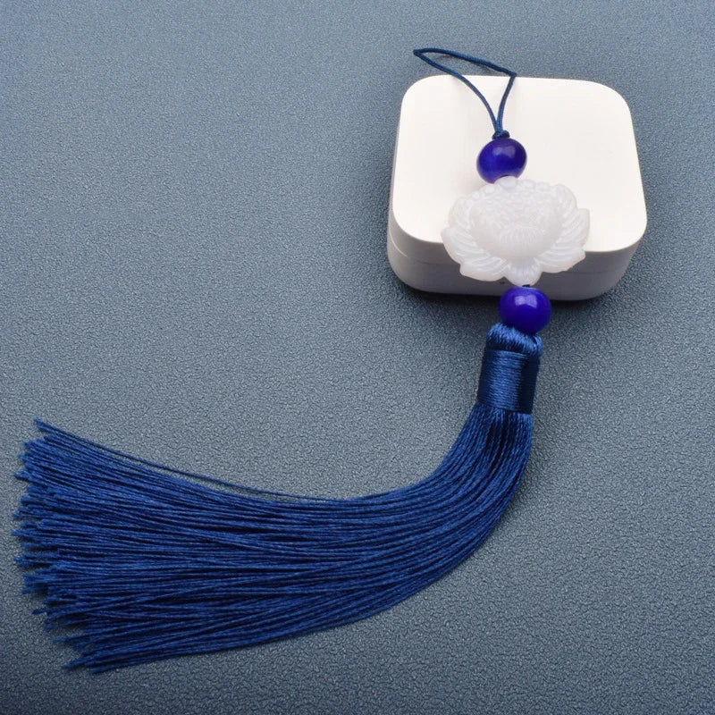 1 Pcs White jade lotus Fringe Trim Bookmark Silk Tassels Pendant DIY Sewing Curtains Accessories Clothes Bag Craft Supplies Oasis Select Deep blue 1 PCS
