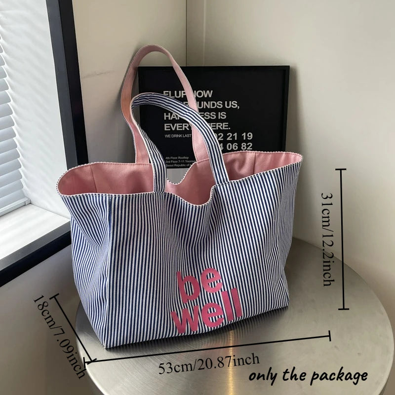Large Capacity Tote Double-sided New Striped Casual Single Shoulder Textured Embroidered Canvas Bag for Students Oasis Select Blue 53x18x31cm