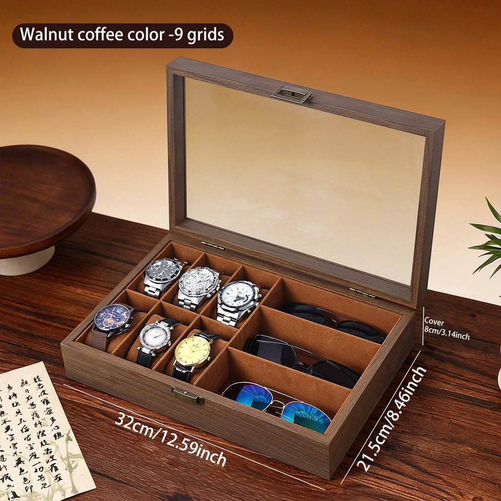 1pc Multi grid wooden watch box with glass cover adjustable jewelry storage box glasses bracelet velvet watch display box Oasis Select Brown-9grids