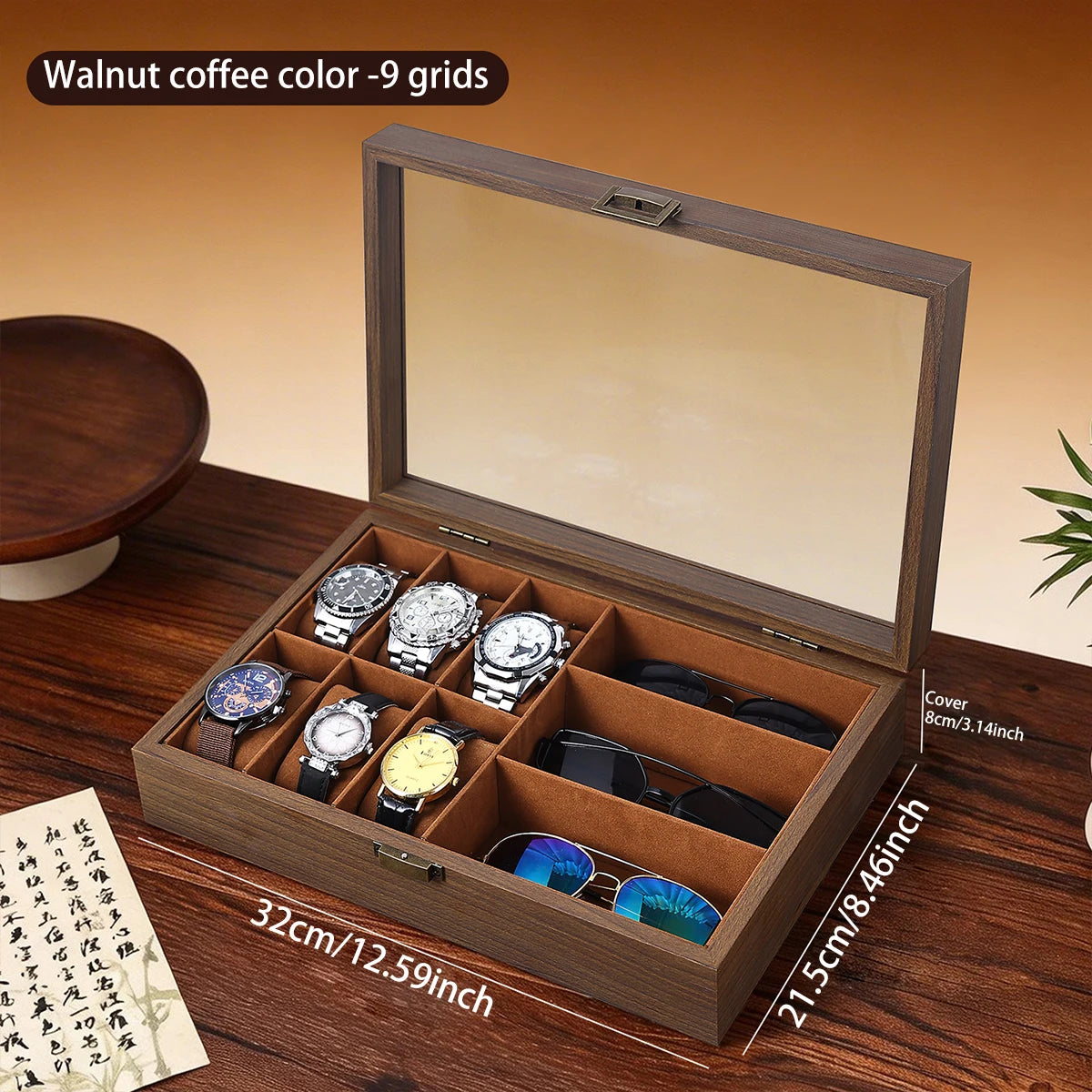 1pc Multi grid wooden watch box with glass cover adjustable jewelry storage box glasses bracelet velvet watch display box Oasis Select Brown-9grids