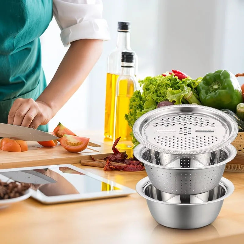 3-in-1 Stainless Steel Grater Bowl with Colander & Slicer