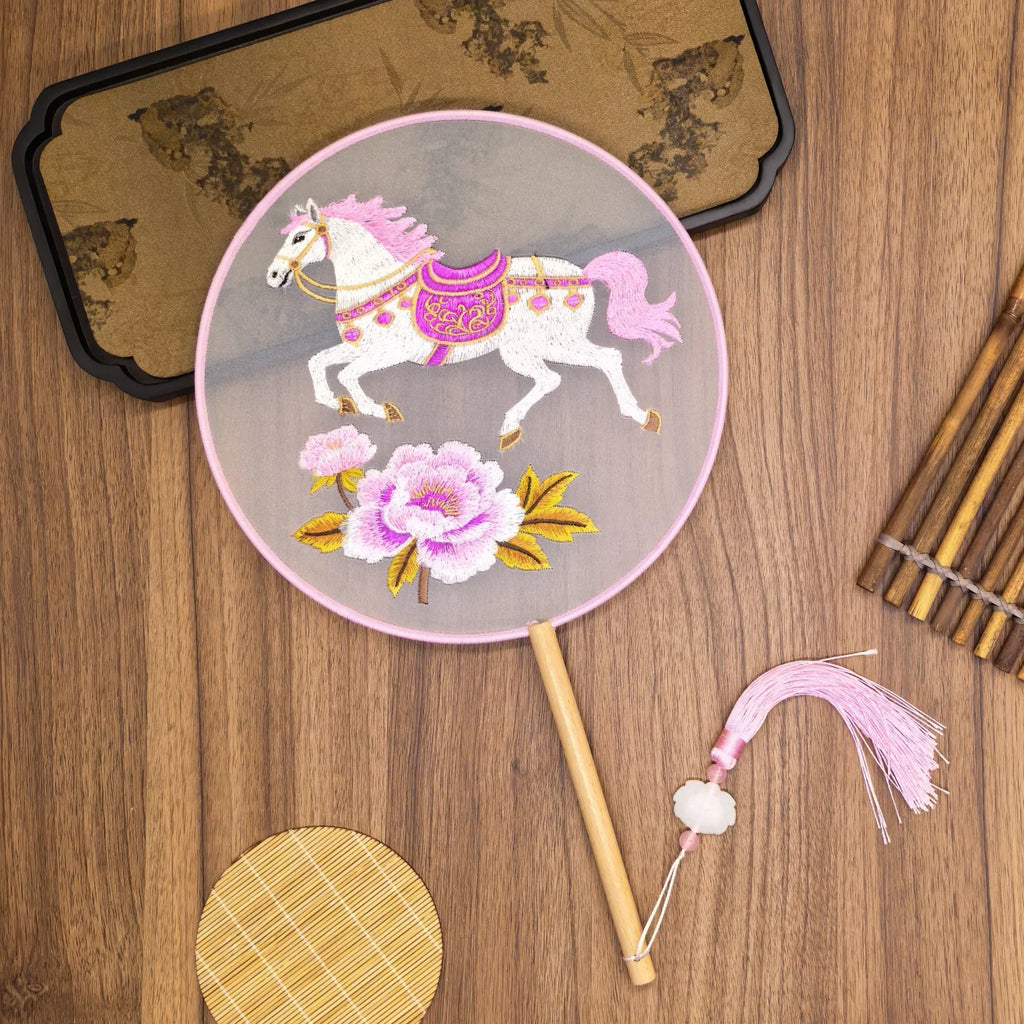 Vintage Double Sided Embroidery Flower Shape Hand Fan Chinese Palace Hanfu Floral Silk Hand Fan Craft Wedding Gift For Guests Oasis Select Style C