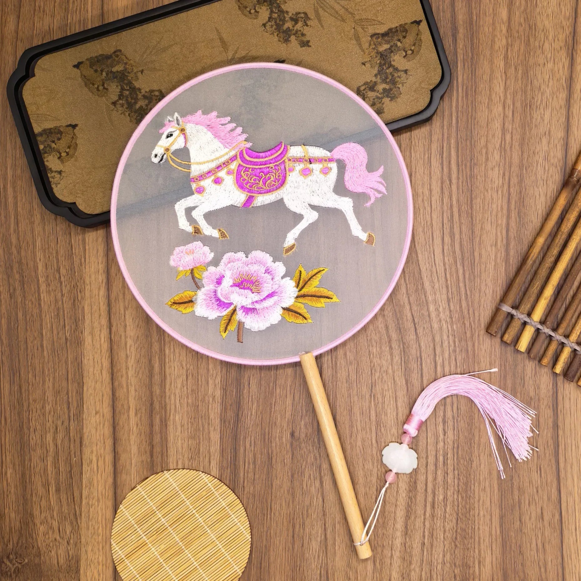 Vintage Double Sided Embroidery Flower Shape Hand Fan Chinese Palace Hanfu Floral Silk Hand Fan Craft Wedding Gift For Guests Oasis Select Style C