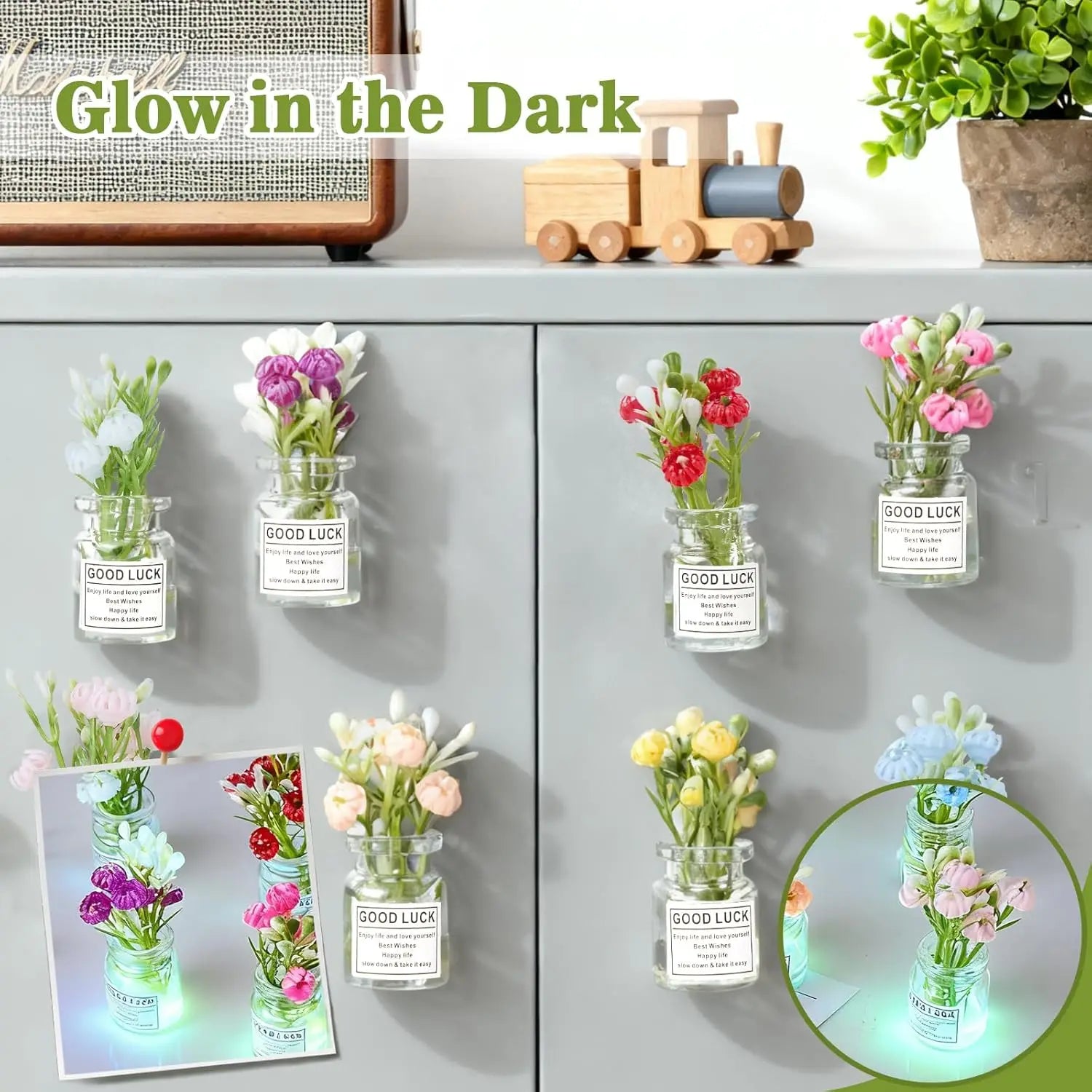 4/7 PCS Cute Mini Vase Fridge Magnets – Luminous 3D Plant Flower Pots, Funny Glow in Dark Decor for Kitchen, Locker & Whiteboard Oasis Select