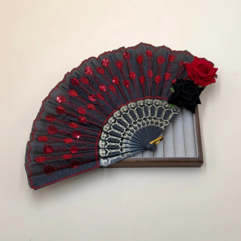 Sequin Embroidered Rose Lace Folding Fan with Tassel - Vintage European Handheld Fan for Cosplay Halloween Party Supplies Oasis Select
