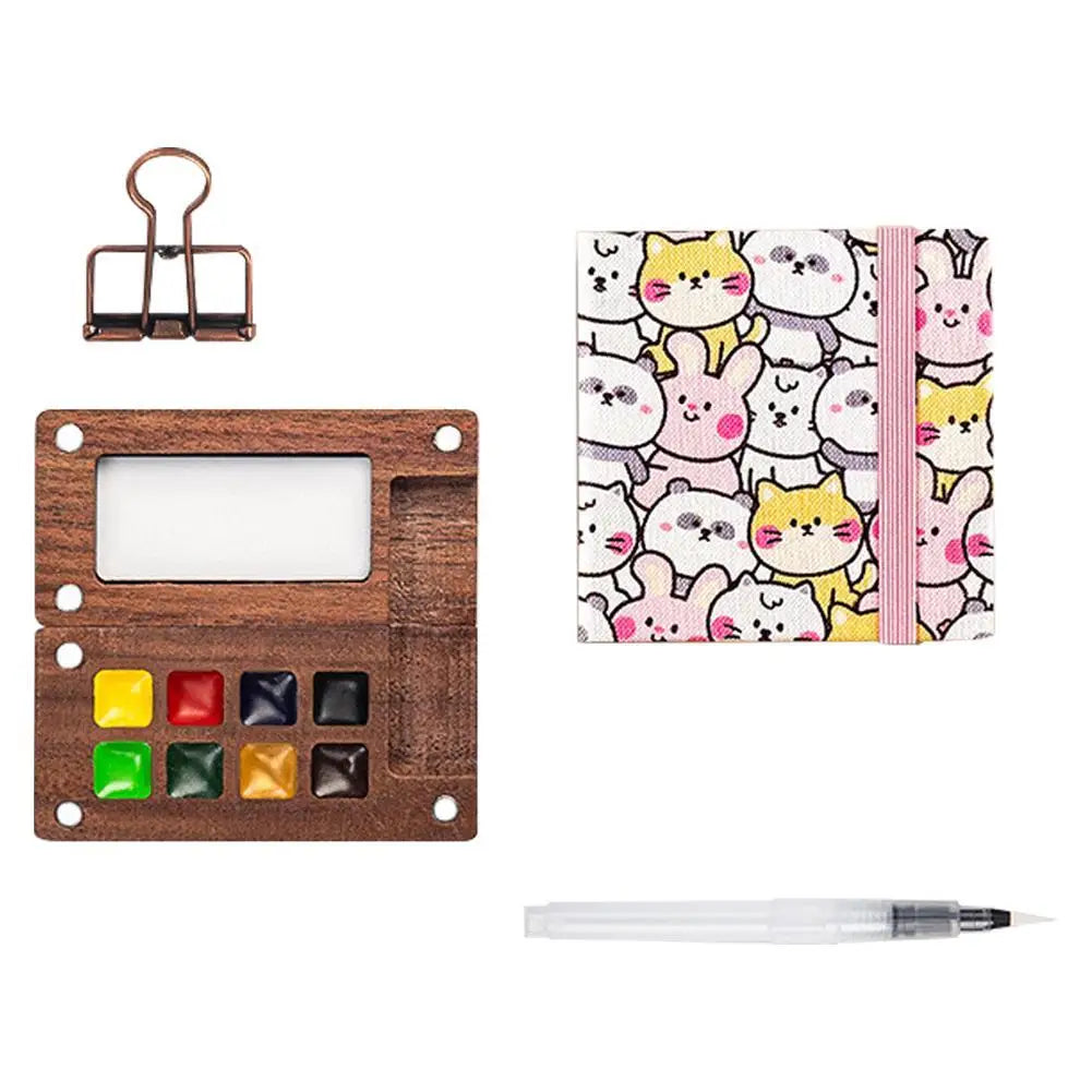 Travel Watercolor Palette Set – Wooden Paintbox & Sketchbook