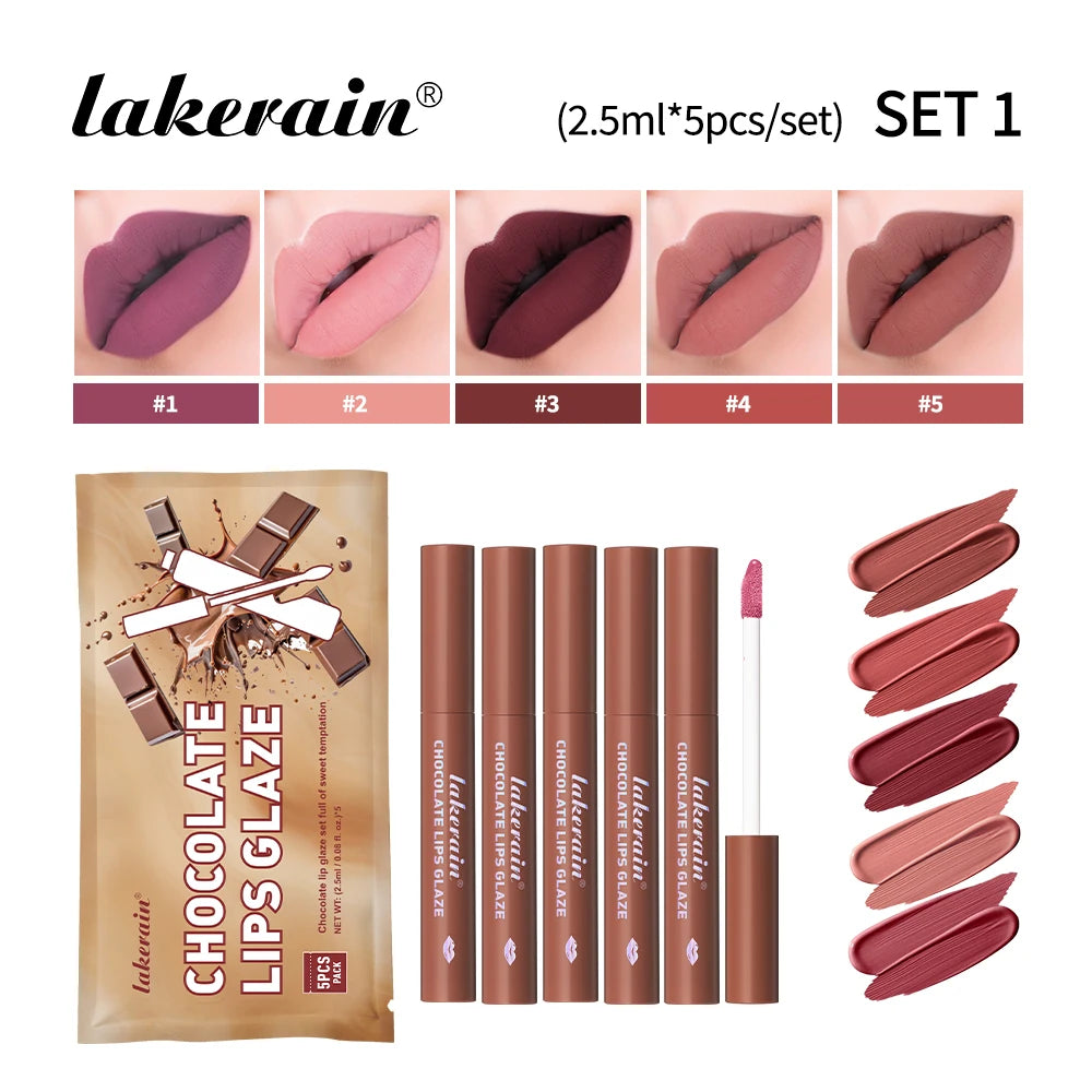 Lakerain Chocolate Lip Gloss Set Long Lasting Matte Finish Lip Tint Waterproof Sweat-proof NonStick Cup Liquid Lipstick 5pcs/Kit Oasis Select set 1