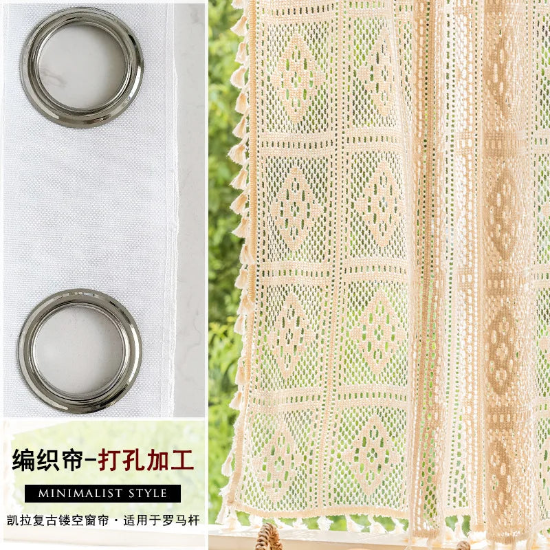 Cotton crochet hollowed out woven curtain American rural retro cotton linen lace tassel gauze curtain window curtain Oasis Select Punching Width 1.35m H 1m