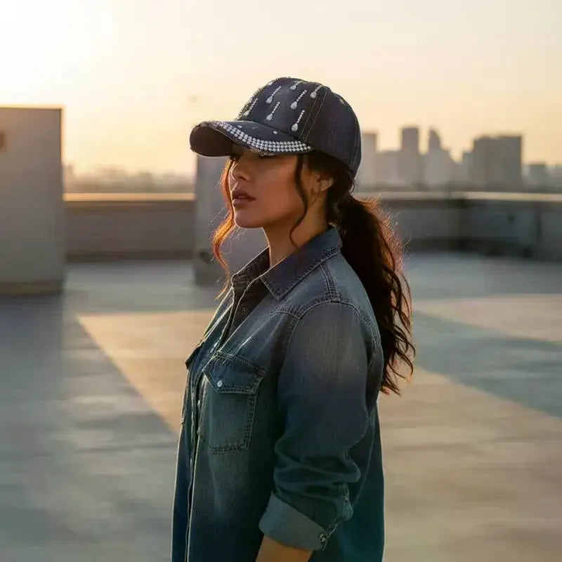Sparkling Rhinestone Denim Baseball Cap for Women Bling Crystal Decor Adjustable Casual Outdoor Sun Hat Adjustable Cowboy Hat Oasis Select