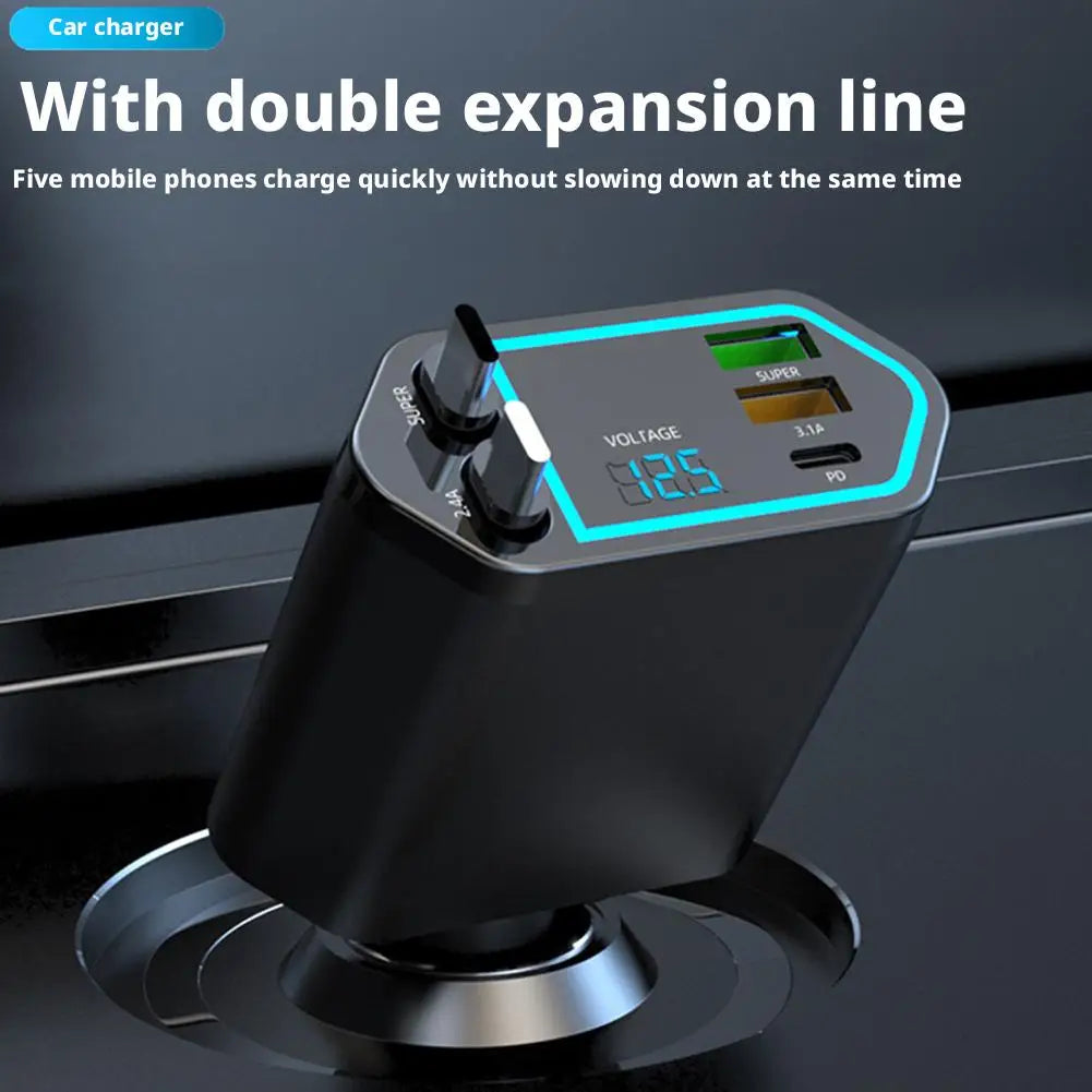 120W 4-in-1 Fast Car Charger – Retractable Cable & 2 USB Ports Car Charger Adapter Oasis Select
