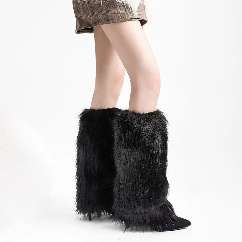 Gothic Punk Black White Imitation Wolf Fur Leg Warmers Y2k Winter Warm JK Furry Boots Socks Jk Knee-length Hiphop Stockings Oasis Select