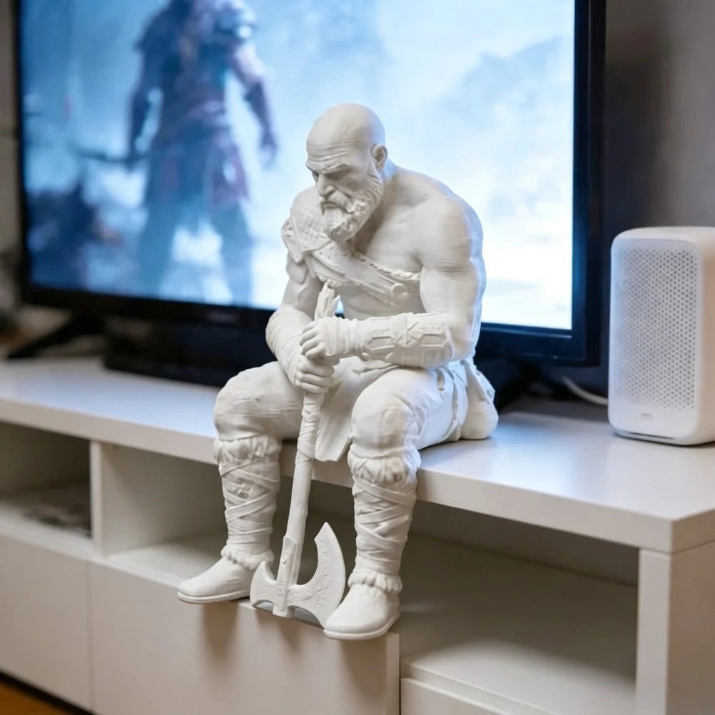 Nordic Warrior Sitting Figurine 3D Printed Muscular Bearded Statue Melancholic Style Sculpture Gothic Art Decor for Home Desktop Oasis Select White