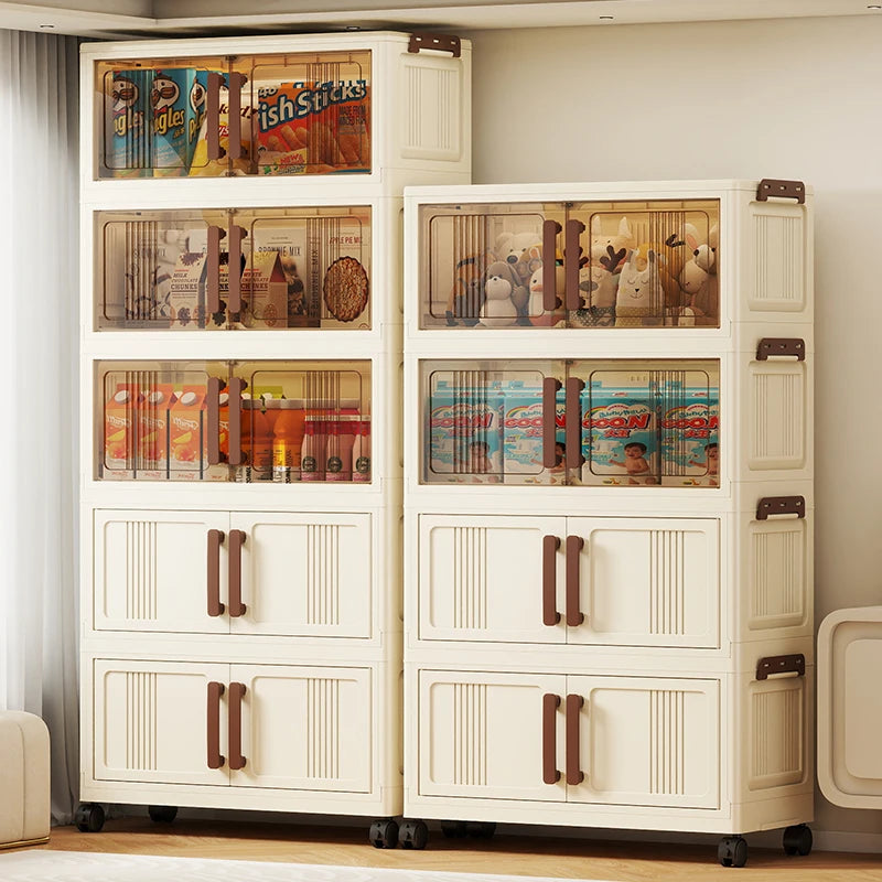 Foldable storage cabinet - movable multi-level double-door storage cabinet - living room and kitchen transparent storage box Oasis Select