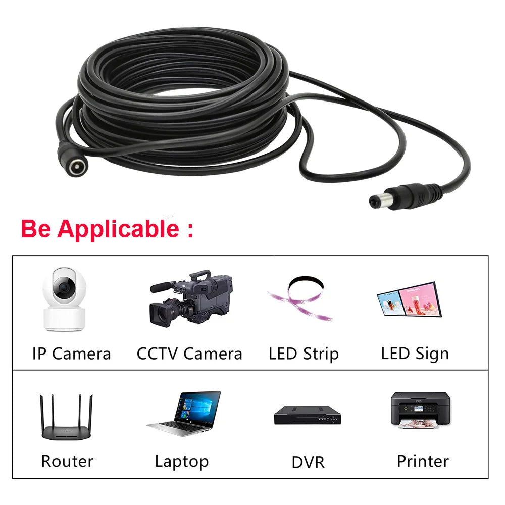 5M 10M DC12V Power Extension Cable 5.5mm*2.1mm Connector Male To Female For LED Lamp CCTV Security Camera Black Power Cable Cord Oasis Select