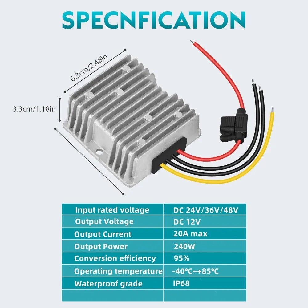 20A 240W DC to DC 24V 36V 48V Step Down to 12V Converter Golf Cart Voltage Reducer Regulator Waterproof Transformer with Fuse Oasis Select