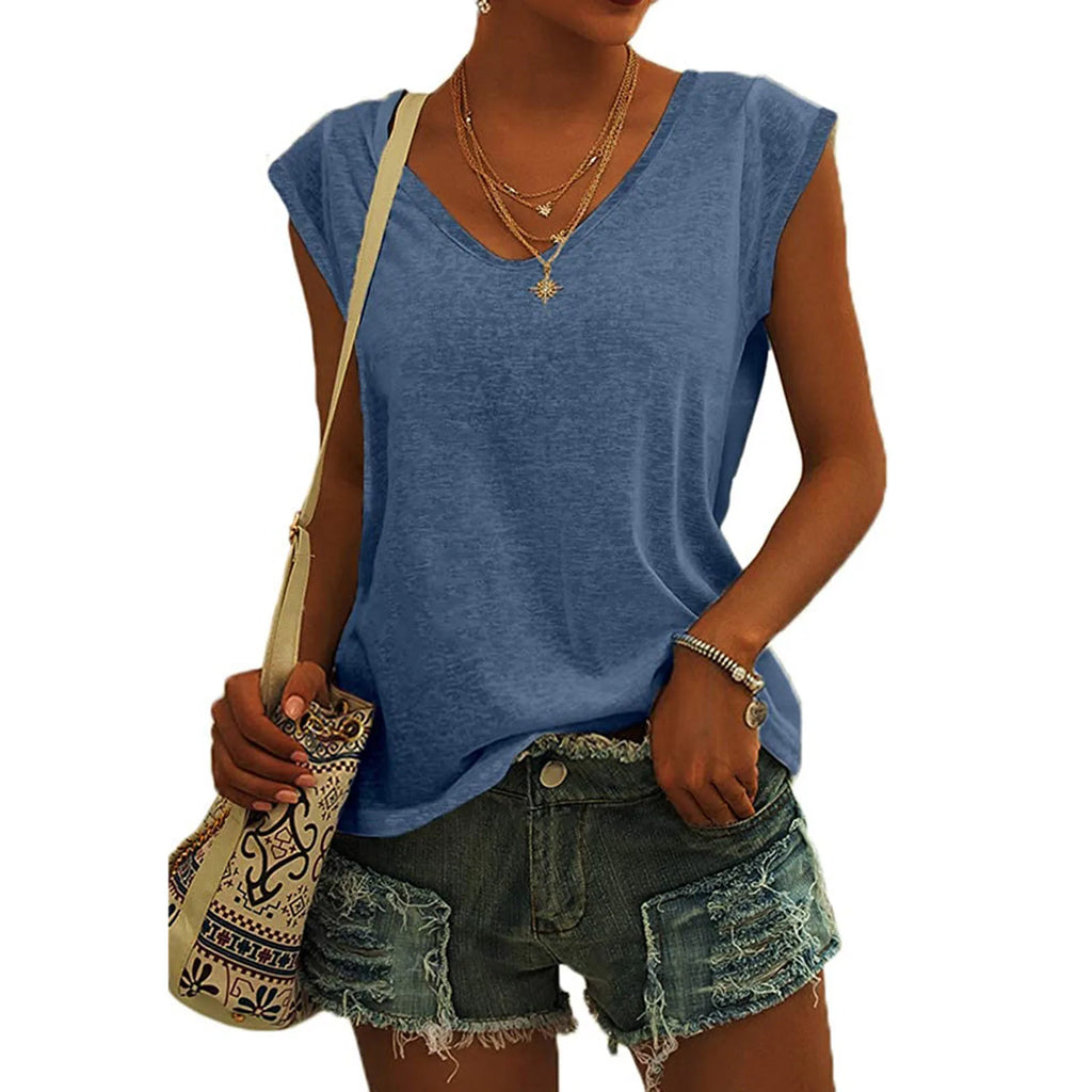 Summer Camisole Women'S V-Neck Vest Colored Cotton Solid Color T-Shirt Casual Sleeveless Vest Loose Top Fitted Vest Women'S Clot Oasis Select Blue XXL