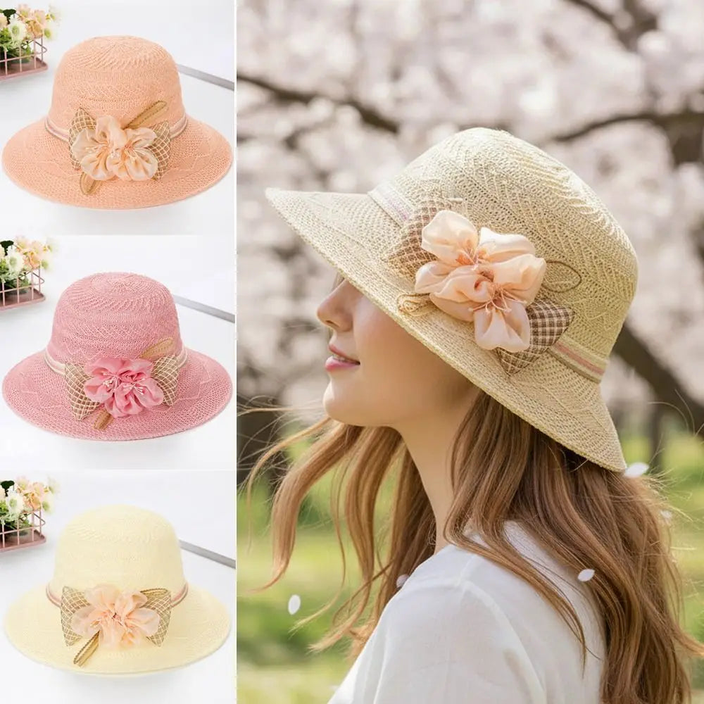 Women Fashion Wide Brim Straw Hat Bow Flowers Sun Protection Sun Hat Leisure Foldable Sunscreen Beach Hat Women Oasis Select