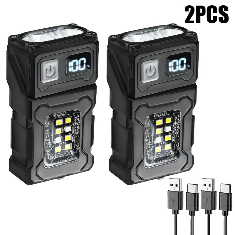 LED Flashlight MINI USB Rechargeable Portable Tail Magnet Work Light Super Bright Camping Lantern Side COB Emergency Torch Light Oasis Select 2PCS