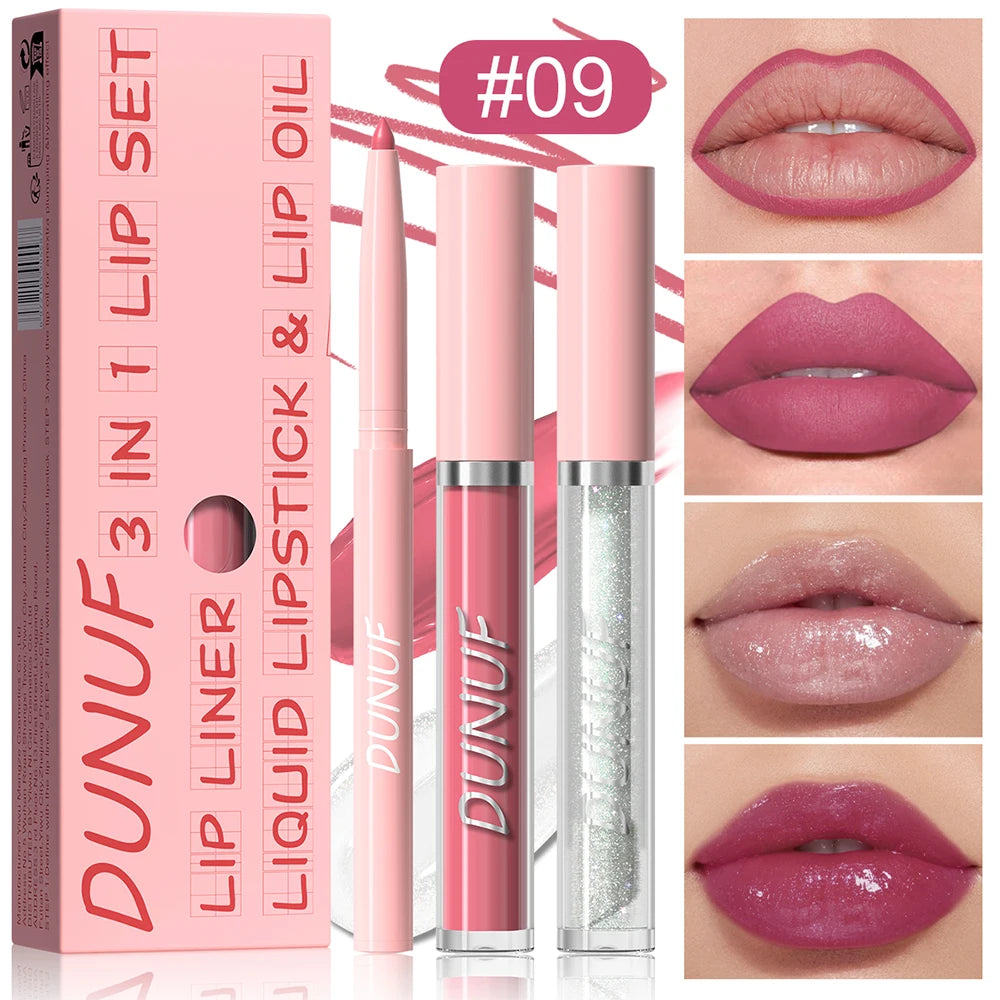 Lip Gloss Lip Liner Lip Oil 3pc/set: Matte Lipstick Waterproof Moisturizing Long Lasting Nude Y2K Christmas Valentine's Day Gift Oasis Select 09