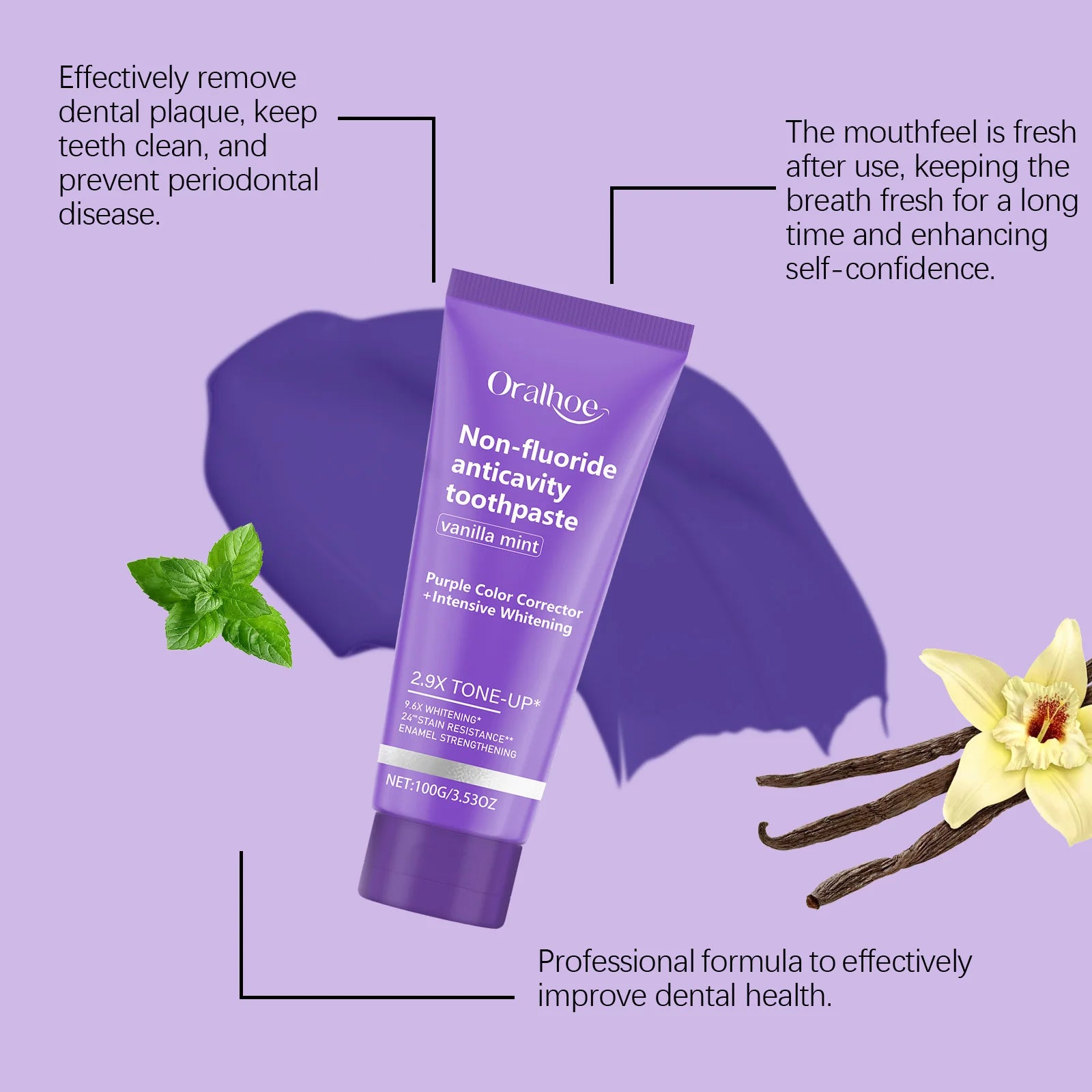 Oralhoe Purple Whitening Toothpaste – Vanilla Mint, Fluoride-Free Whitening Toothpaste Oasis Select