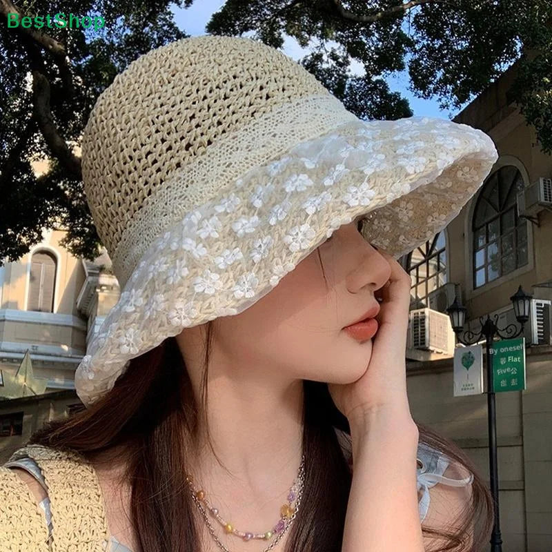 Women's Lace Trim Beach Straw Hat – Breathable Sun Hat
