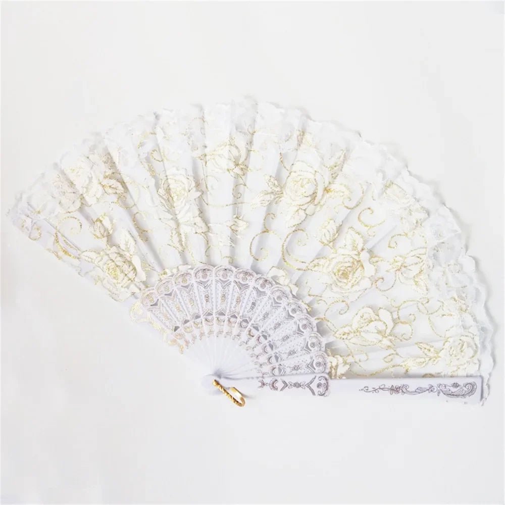 23 Colors Lace OR Cloth Spanish Fabric Silk Folding Hand Held Dance Fan Flower Party Wedding Prom Dancing Summer Fan Accessories Oasis Select white A