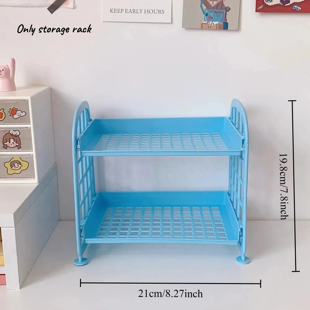 1pcs Cute Desktop Storage Rack Double-layer Removable Cosmetic Organizer Kawaii Stationery Shelf for Dorm Bedroom Desk Decor Oasis Select Blue