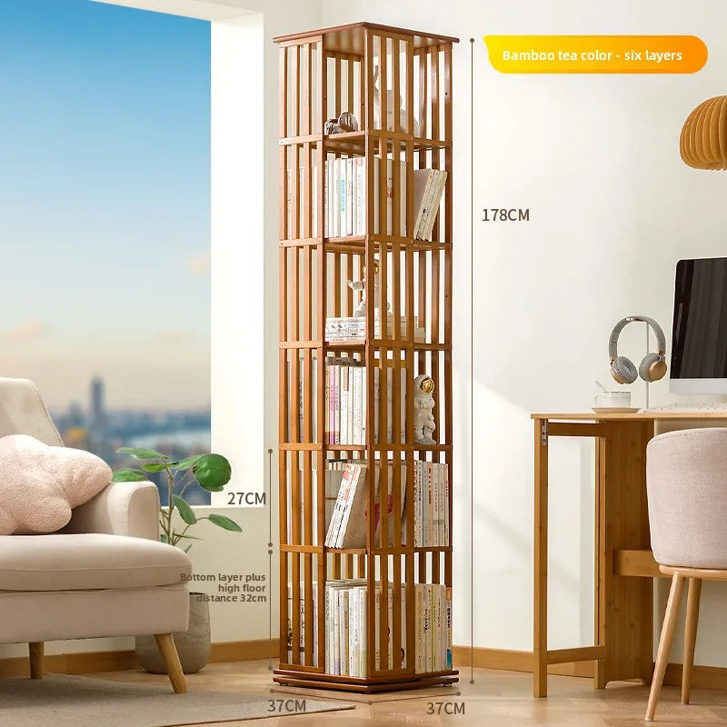 360 ° rotating bookshelf bookcase floor to wall shelf children's simple storage rack toy cabinet simple multi-layer Oasis Select Brown six layers