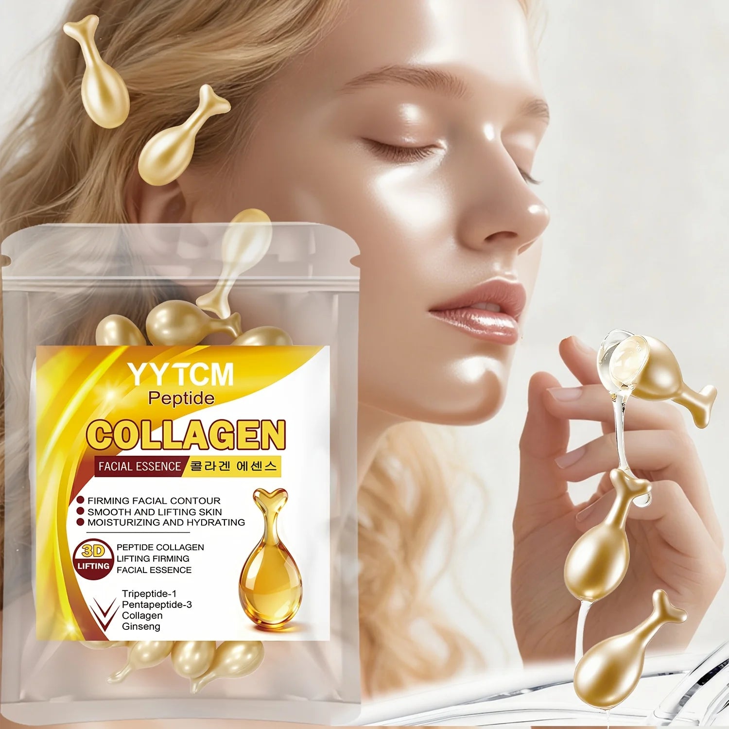 Polypeptide Collagen Essence Capsules, Moisturizing and Firming Essence, Smooths Skin, Contains Squalane, Fullerene, Ginseng Extract, Deep Hydration (0.34Gx30 Capsules)/Bag Oasis Select