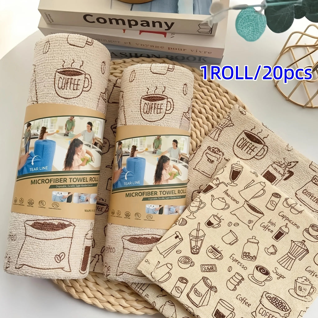 1 Roll/20pcs Coffee Patterned Ultra-fine Fiber Cleaning Cloth, Thick Kitchen Towel, Suitable for Kitchen, Car, Glass Oasis Select