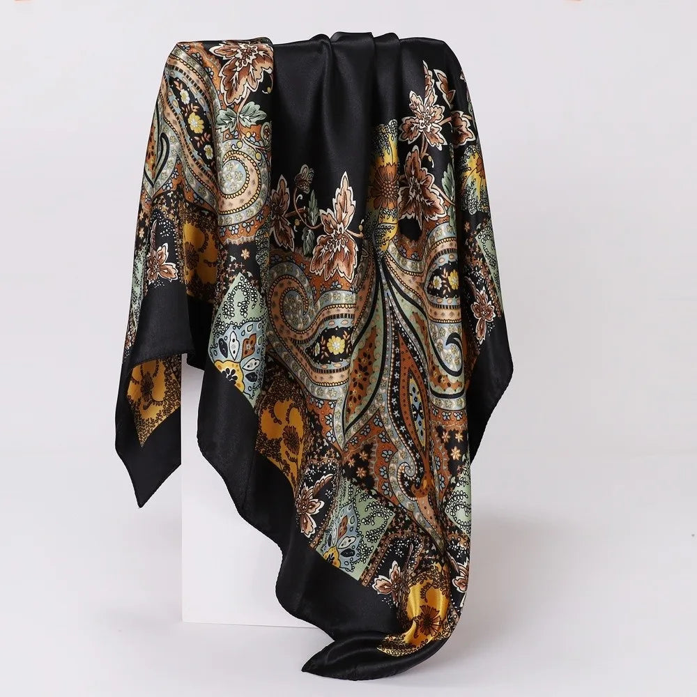 Luxury 90*90cm Satin Square Scarf Bohemian Hair Accessories Print Silk Headkerchief Floral Shawl Wraps Headband Wedding Oasis Select C